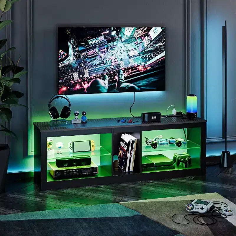 Meuble TV LED Bestier 55 pouces, console média moderne avec prise de courant et rangement, meuble de divertissement pour jeux vidéo, pour chambre et salon