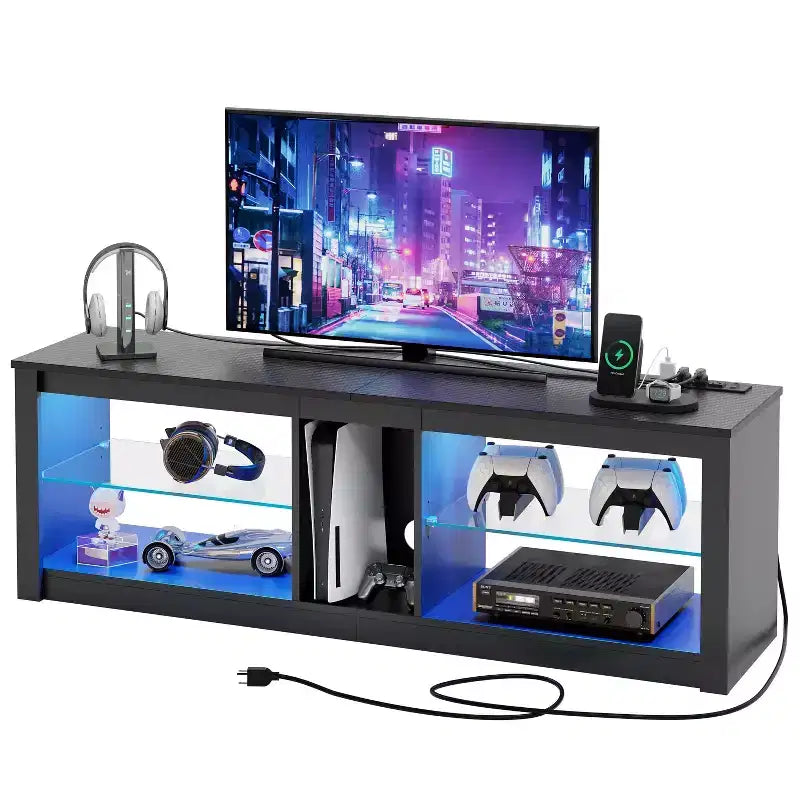 Meuble TV LED Bestier 55 pouces, console média moderne avec prise de courant et rangement, meuble de divertissement pour jeux vidéo, pour chambre et salon