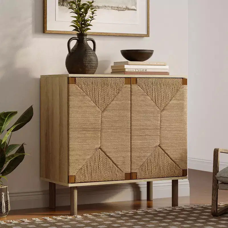 LuxenHome Armoire deux portes en corde Mid-Century Moderne avec pieds en bois Naturel