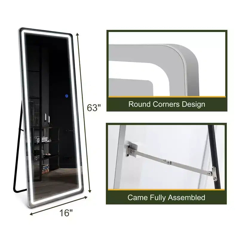 PexFix Miroir pleine longueur 63x16 Miroir de courtoisie LED avec lumières Miroir argenté.