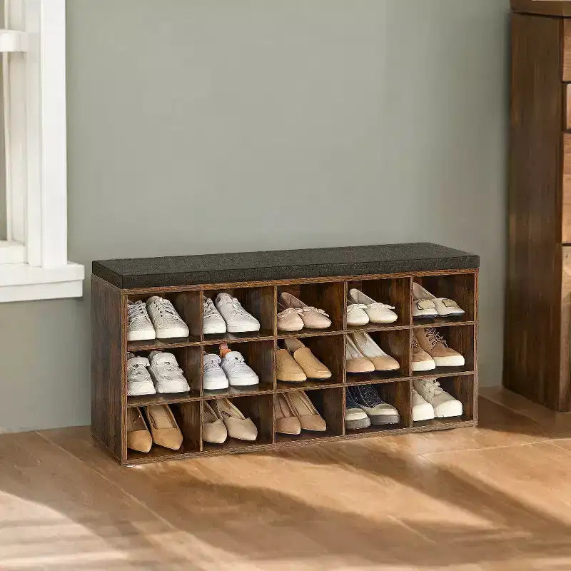 Banc Porte-Chaussures avec Coussin, Banc de Rangement d'entrée 15 Compartiments, 105 cm de Large