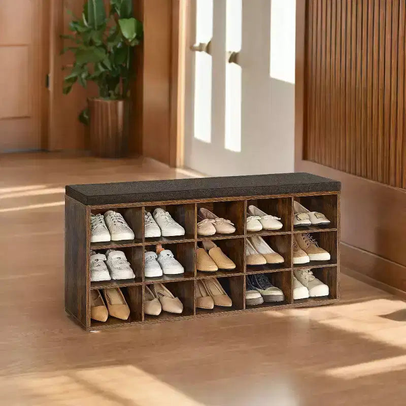 Banc Porte-Chaussures avec Coussin, Banc de Rangement d'entrée 15 Compartiments, 105 cm de Large