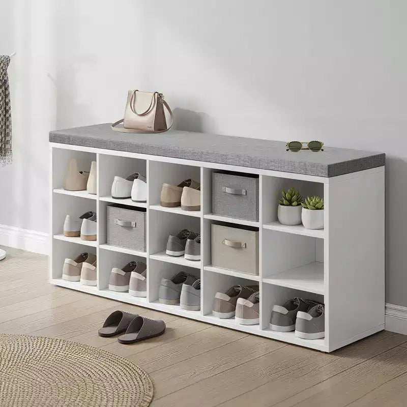 Banc Porte-Chaussures avec Coussin, Banc de Rangement d'entrée 15 Compartiments, 105 cm de Large