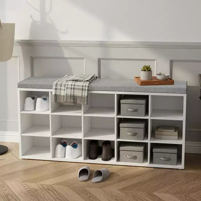 Banc Porte-Chaussures avec Coussin, Banc de Rangement d'entrée 15 Compartiments, 105 cm de Large