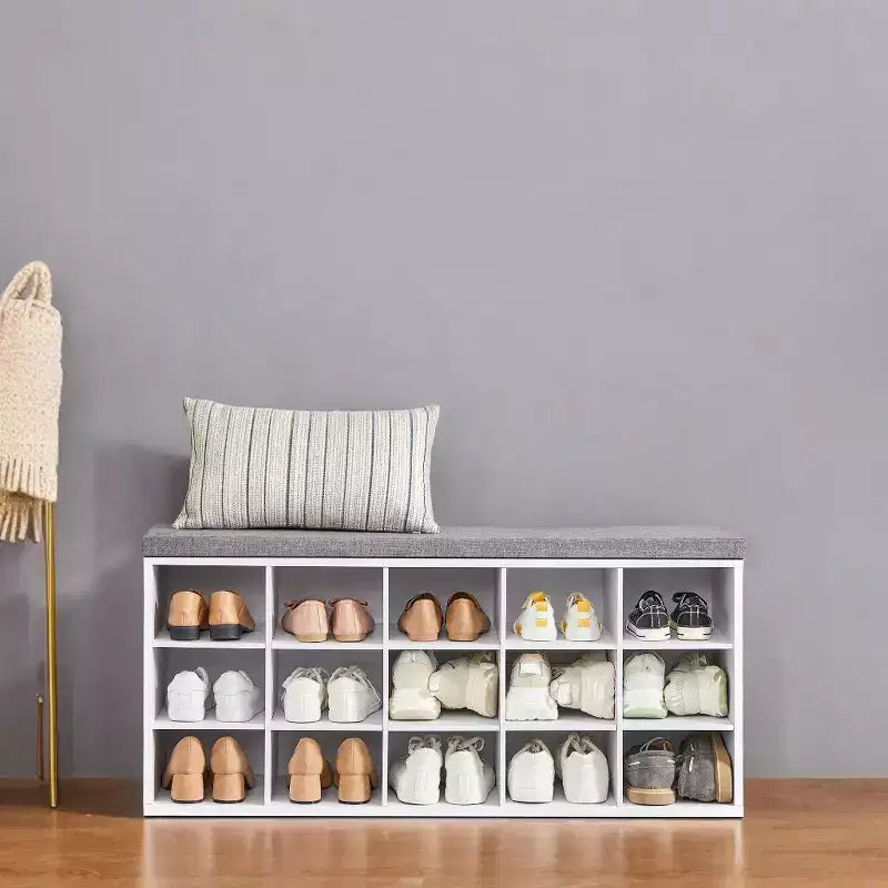 Banc Porte-Chaussures avec Coussin, Banc de Rangement d'entrée 15 Compartiments, 105 cm de Large
