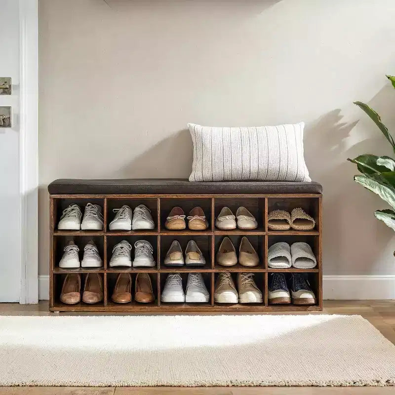 Banc Porte-Chaussures avec Coussin, Banc de Rangement d'entrée 15 Compartiments, 105 cm de Large