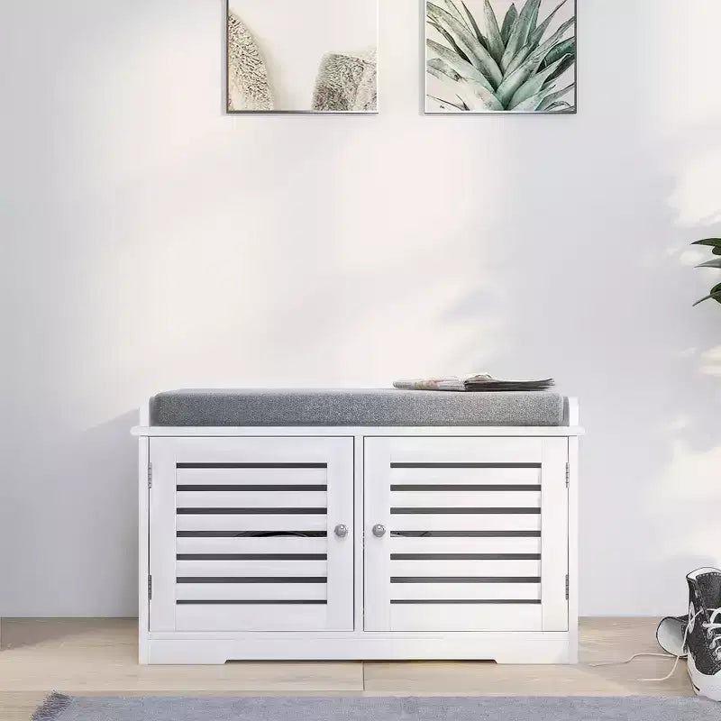 AndMakers White 28.74 in. Bedroom Bench with 2 Barn Doors