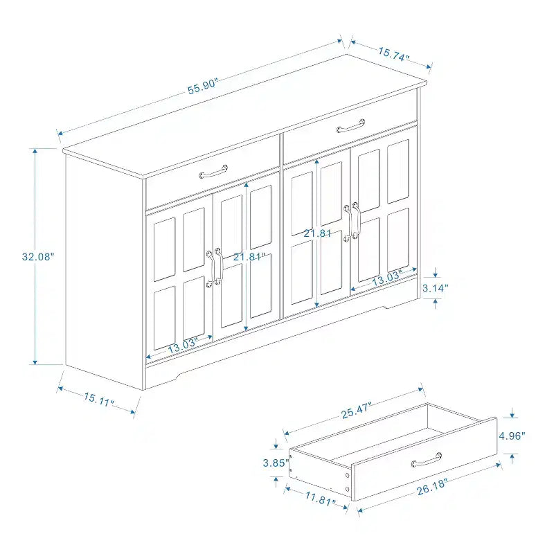 Buffet AndMakers en bois blanc de 142 cm avec portes style shaker