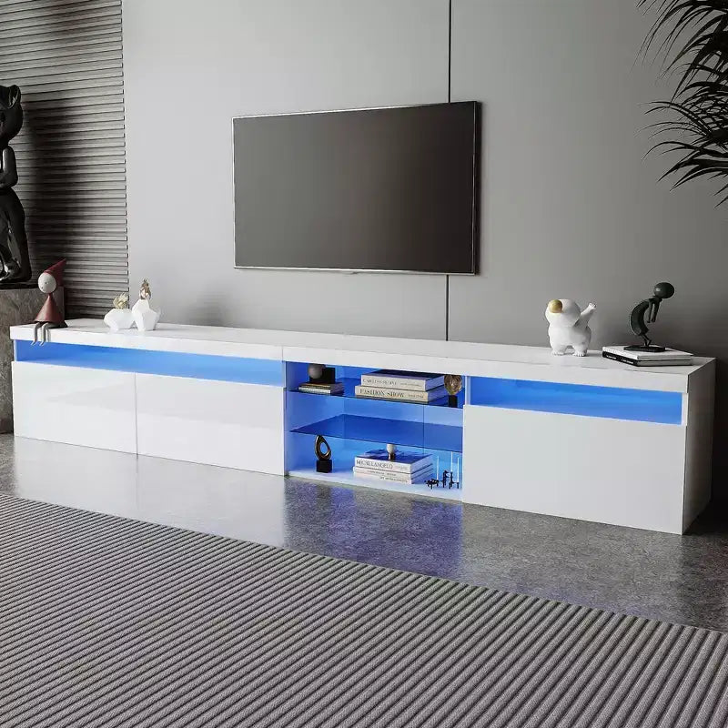 Meuble TV moderne Whisen pour téléviseurs jusqu'à 105 pouces avec grand espace de rangement et lumières LED à couleurs changeantes