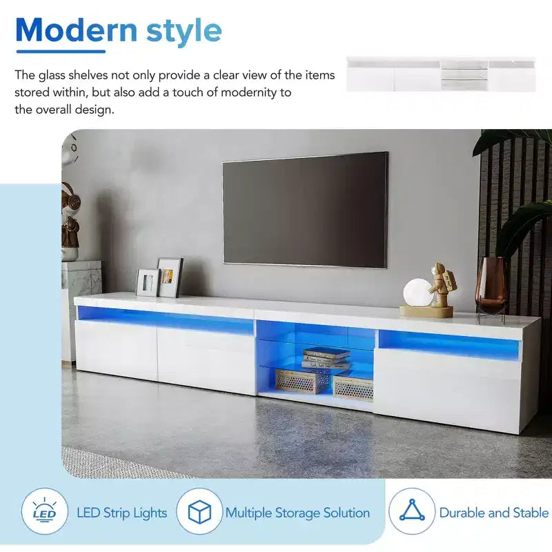 Meuble TV moderne Whisen pour téléviseurs jusqu'à 105 pouces avec grand espace de rangement et lumières LED à couleurs changeantes