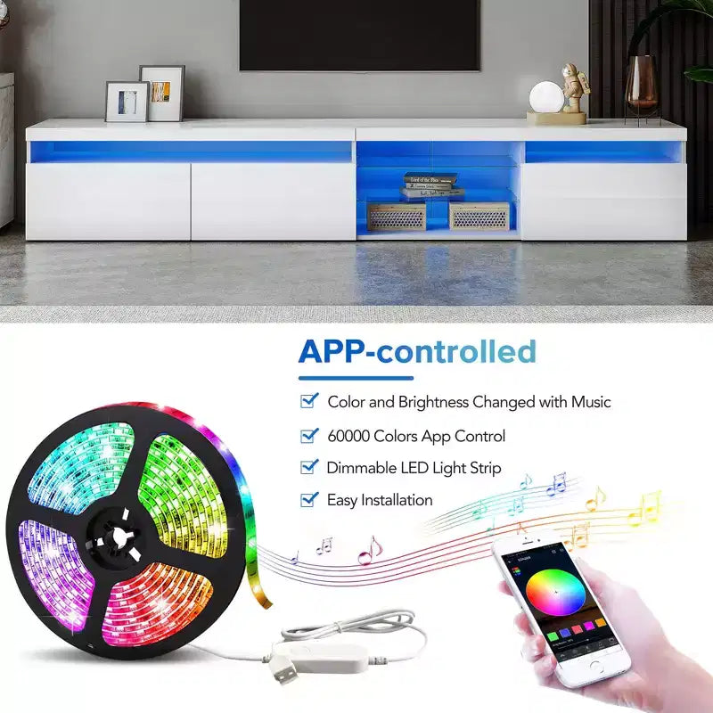 Meuble TV moderne Whisen pour téléviseurs jusqu'à 105 pouces avec grand espace de rangement et lumières LED à couleurs changeantes