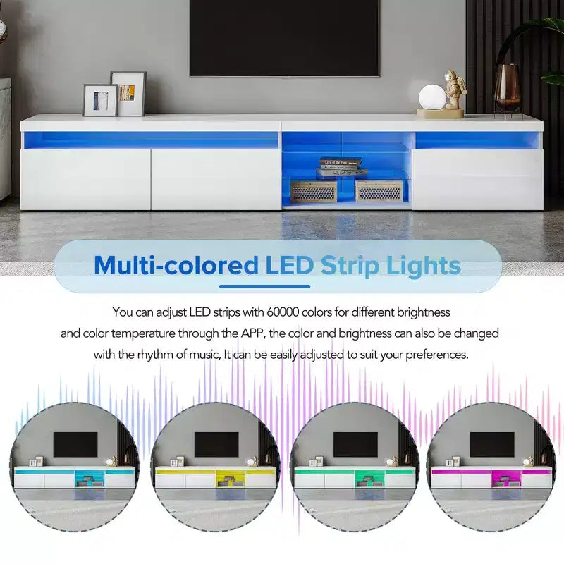Meuble TV moderne Whisen pour téléviseurs jusqu'à 105 pouces avec grand espace de rangement et lumières LED à couleurs changeantes