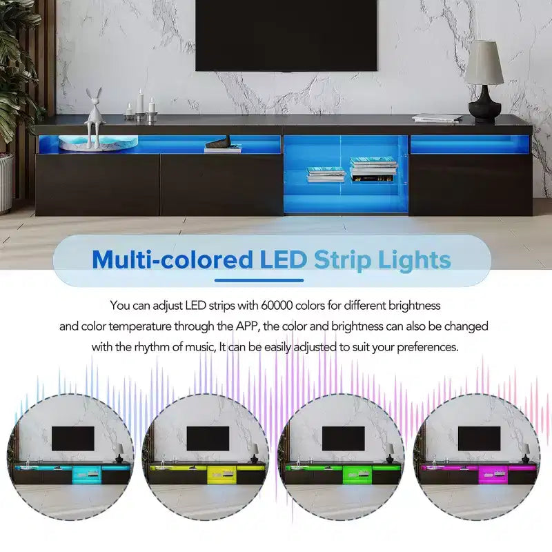 Meuble TV moderne Whisen pour téléviseurs jusqu'à 105 pouces avec grand espace de rangement et lumières LED à couleurs changeantes