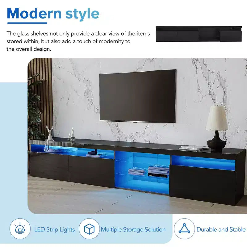 Meuble TV moderne Whisen pour téléviseurs jusqu'à 105 pouces avec grand espace de rangement et lumières LED à couleurs changeantes