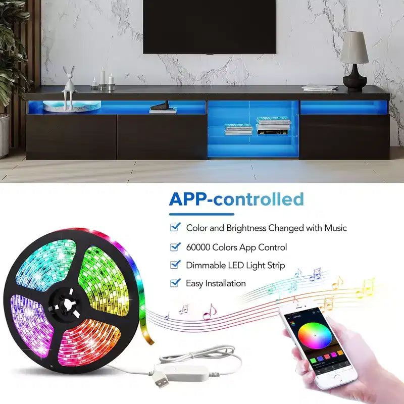 Meuble TV moderne Whisen pour téléviseurs jusqu'à 105 pouces avec grand espace de rangement et lumières LED à couleurs changeantes