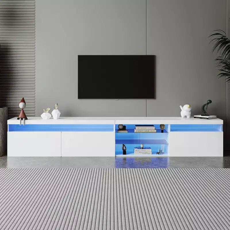 Meuble TV moderne Whisen pour téléviseurs jusqu'à 105 pouces avec grand espace de rangement et lumières LED à couleurs changeantes