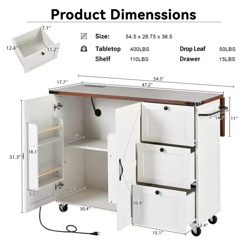 Desserte de cuisine Whisen style fermier avec abattant et roues verrouillables