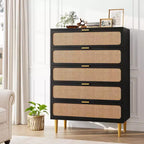 Rattan 5/6 Drawer Dresser for Bedroom, Large Double Dresser with Deep Drawers, Chest of Drawers for Closet with Wide Top