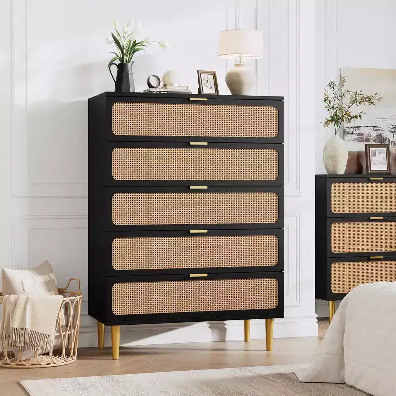 Commode en rotin à 5/6 tiroirs pour chambre à coucher, grande commode double avec tiroirs profonds, commode pour placard avec plateau large
