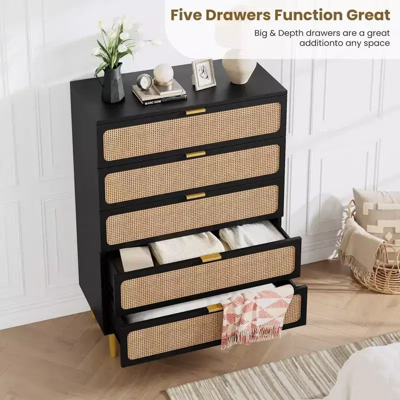 Commode en rotin à 5/6 tiroirs pour chambre à coucher, grande commode double avec tiroirs profonds, commode pour placard avec plateau large