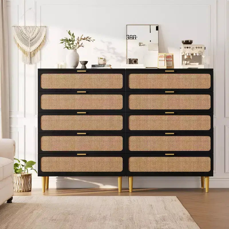 Commode en rotin à 5/6 tiroirs pour chambre à coucher, grande commode double avec tiroirs profonds, commode pour placard avec plateau large