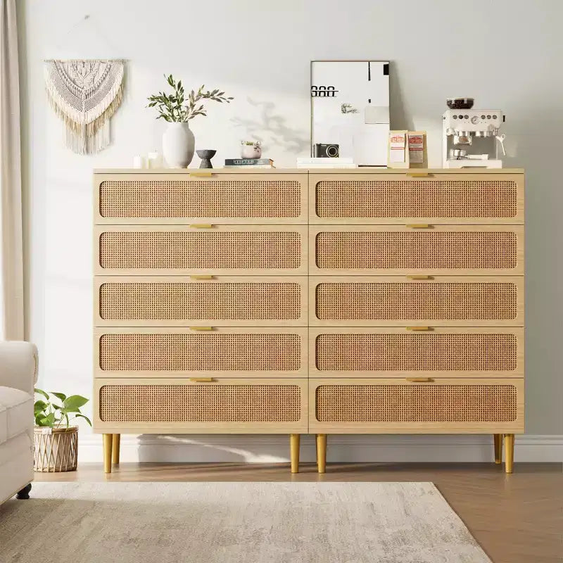 Commode en rotin à 5/6 tiroirs pour chambre à coucher, grande commode double avec tiroirs profonds, commode pour placard avec plateau large