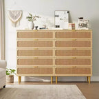 Commode en rotin à 5/6 tiroirs pour chambre à coucher, grande commode double avec tiroirs profonds, commode pour placard avec plateau large