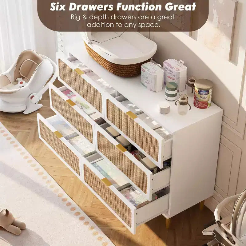 Commode en rotin à 5/6 tiroirs pour chambre à coucher, grande commode double avec tiroirs profonds, commode pour placard avec plateau large
