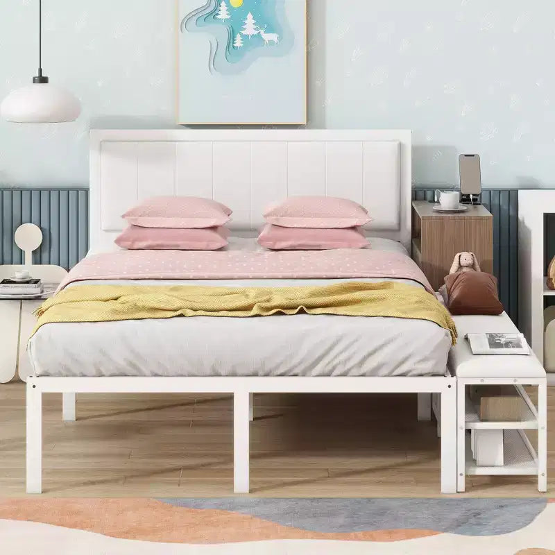 Cadre de lit plateforme en métal pleine/double avec étagères de rangement à deux niveaux, station de recharge, armoire de rangement - ModernLuxe