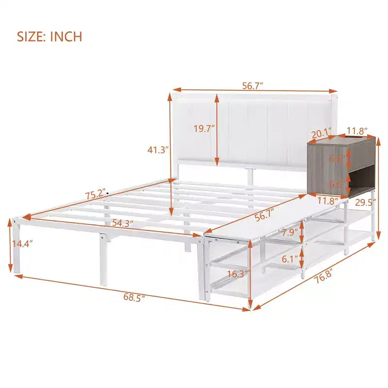 Cadre de lit plateforme en métal pleine/double avec étagères de rangement à deux niveaux, station de recharge, armoire de rangement - ModernLuxe