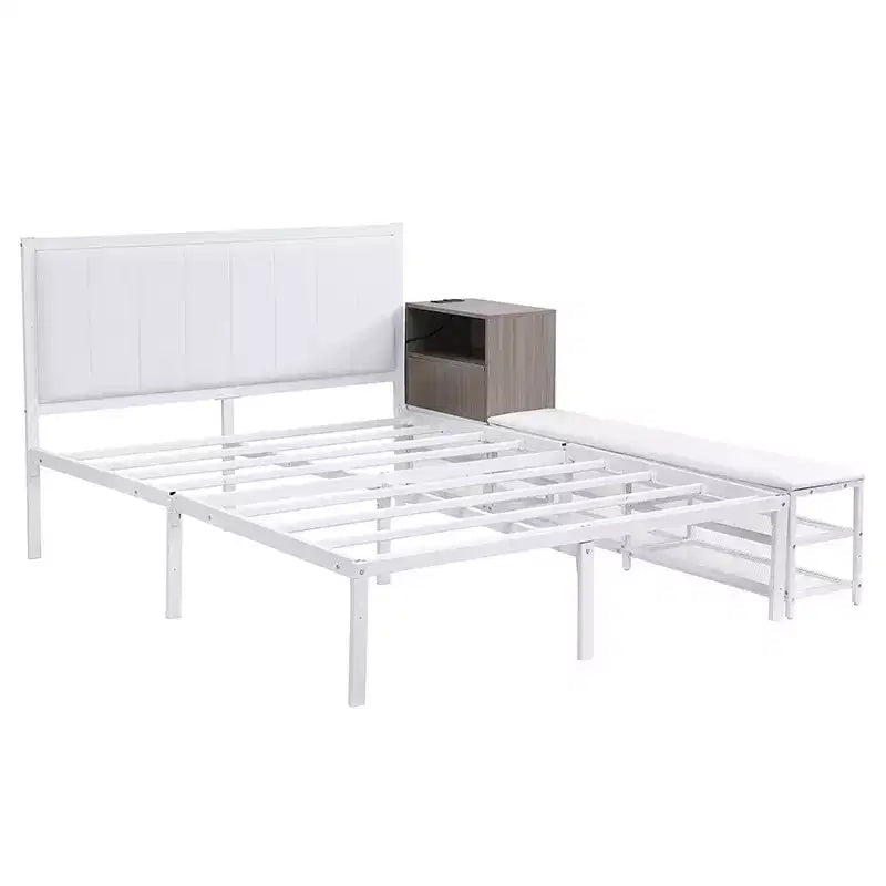 Cadre de lit plateforme en métal pleine/double avec étagères de rangement à deux niveaux, station de recharge, armoire de rangement - ModernLuxe