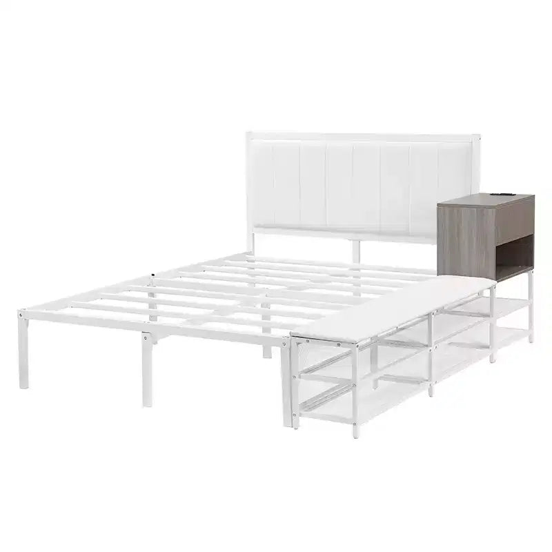 Cadre de lit plateforme en métal pleine/double avec étagères de rangement à deux niveaux, station de recharge, armoire de rangement - ModernLuxe