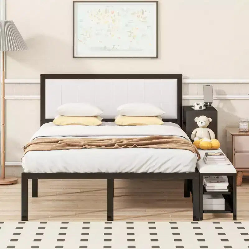 Cadre de lit plateforme en métal pleine/double avec étagères de rangement à deux niveaux, station de recharge, armoire de rangement - ModernLuxe