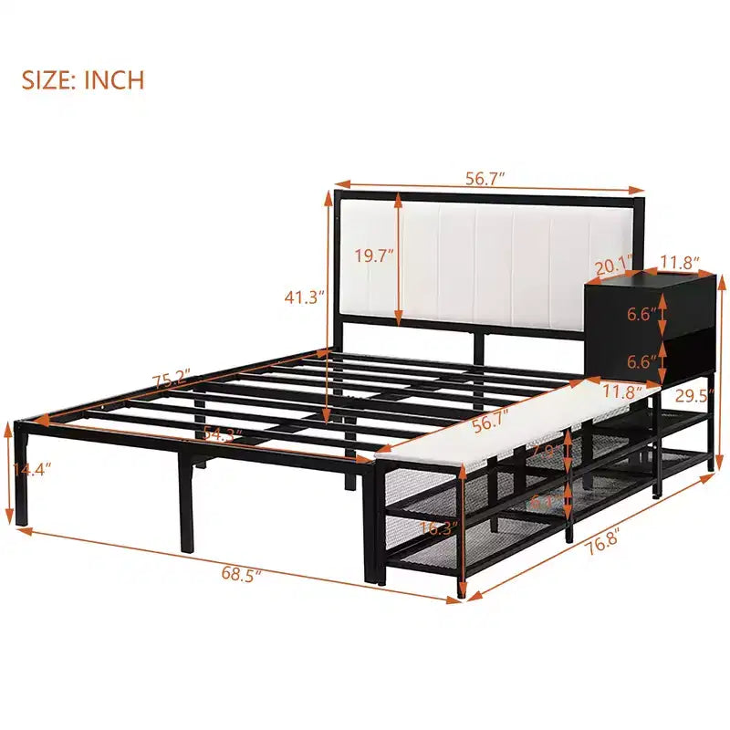 Cadre de lit plateforme en métal pleine/double avec étagères de rangement à deux niveaux, station de recharge, armoire de rangement - ModernLuxe
