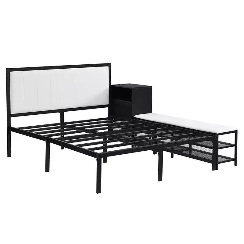 Cadre de lit plateforme en métal pleine/double avec étagères de rangement à deux niveaux, station de recharge, armoire de rangement - ModernLuxe