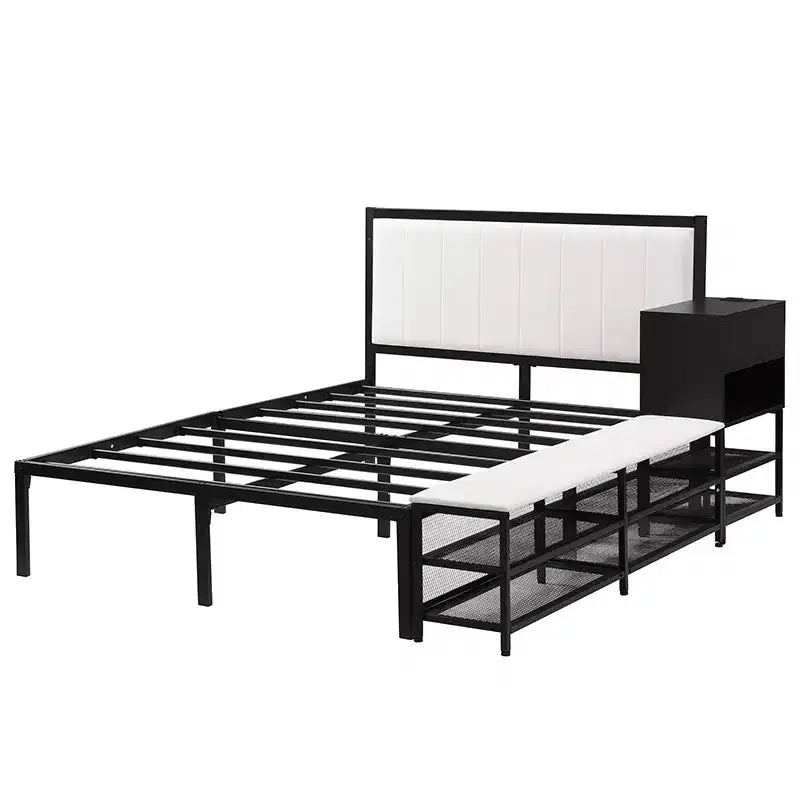 Cadre de lit plateforme en métal pleine/double avec étagères de rangement à deux niveaux, station de recharge, armoire de rangement - ModernLuxe