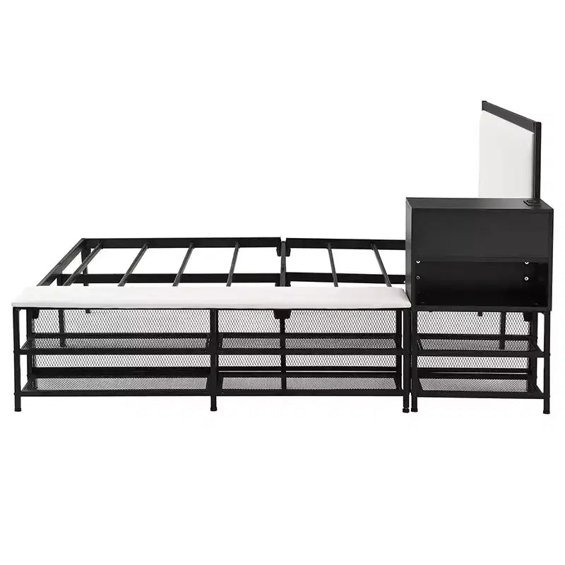 Cadre de lit plateforme en métal pleine/double avec étagères de rangement à deux niveaux, station de recharge, armoire de rangement - ModernLuxe