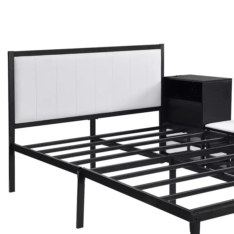 Cadre de lit plateforme en métal pleine/double avec étagères de rangement à deux niveaux, station de recharge, armoire de rangement - ModernLuxe