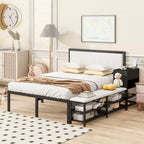 Full/Twin Size Metal Platform Bed Frame with Two-Tier Storage Shelves, Charging Station, Storage Cabinet -ModernLuxe