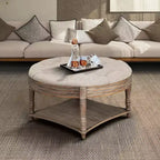 Large Round Ottoman Coffee Table,2 Tier Oversized Button Tufted Ottoman with Wooden Shelf Storage Farmhouse Upholstered Coffee Table