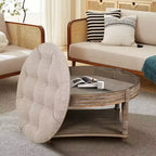 Grande table basse ottomane ronde, ottomane capitonnée surdimensionnée à 2 niveaux avec étagère de rangement en bois, table basse rembourrée de style ferme