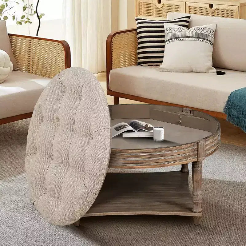 Grande table basse ottomane ronde, ottomane capitonnée surdimensionnée à 2 niveaux avec étagère de rangement en bois, table basse rembourrée de style ferme