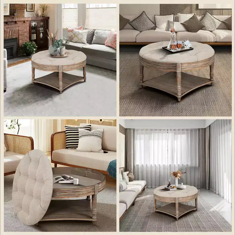 Grande table basse ottomane ronde, ottomane capitonnée surdimensionnée à 2 niveaux avec étagère de rangement en bois, table basse rembourrée de style ferme