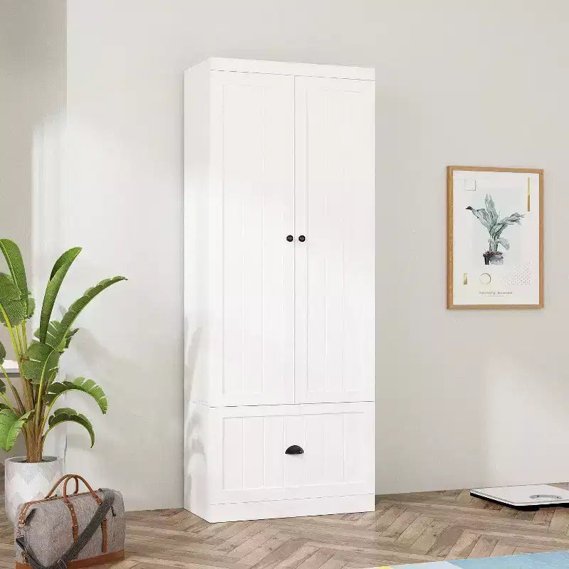 Armoire blanche Hitow double porte, un tiroir, 4 niveaux de rangement