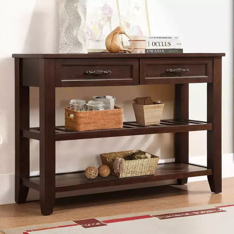Console Whisen de style milieu de siècle avec deux tiroirs de rangement et deux étagères