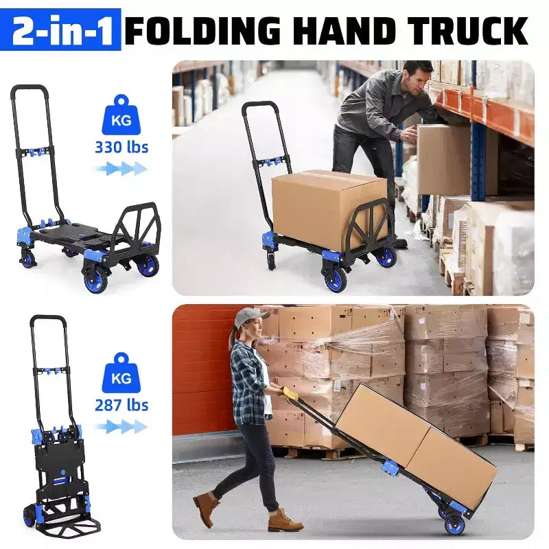 Diable pliant 2 en 1, diable convertible avec panier pliable, chariot de transport portable