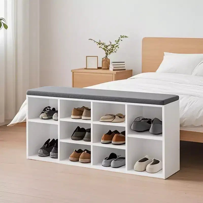 Banc à chaussures élégant avec assise capitonnée et 10 compartiments – Solution de rangement polyvalente pour l'entrée et la chambre