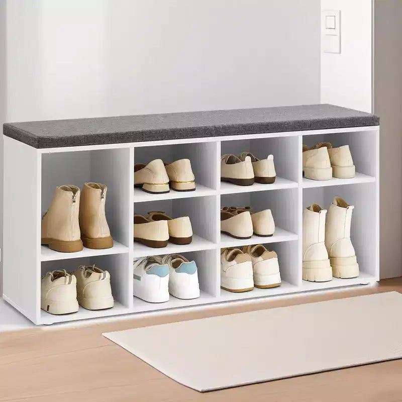 Banc à chaussures élégant avec assise capitonnée et 10 compartiments – Solution de rangement polyvalente pour l'entrée et la chambre