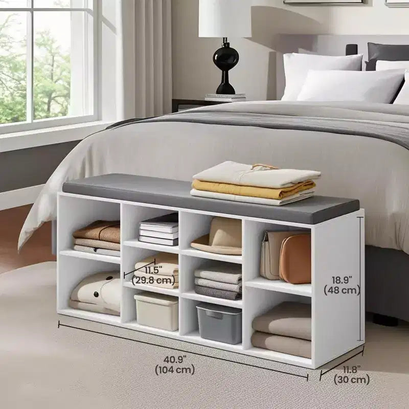 Banc à chaussures élégant avec assise capitonnée et 10 compartiments – Solution de rangement polyvalente pour l'entrée et la chambre