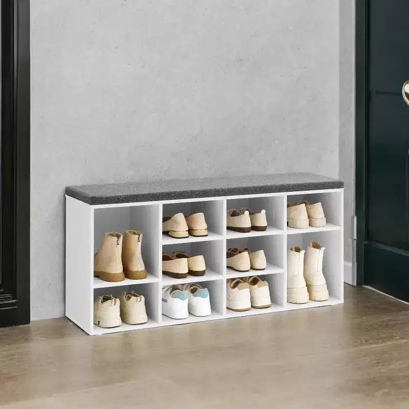 Banc à chaussures élégant avec assise capitonnée et 10 compartiments – Solution de rangement polyvalente pour l'entrée et la chambre